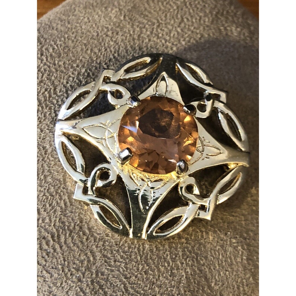 Large Vintage Scotland Topaz Color Faceted Glass Gold Tone Brooch Pin/ Pendant